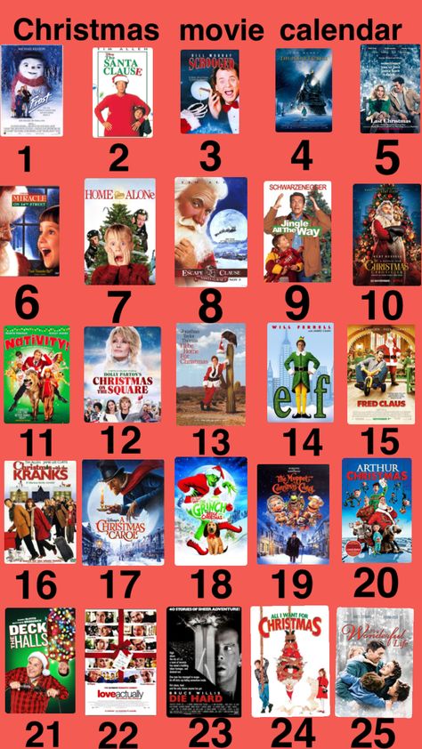 #christmas #christmasmovies #films #movies #christmasfilms #calandre #list #25days #25 #december Christmas Movie Every Day Of December, Chrimas Movie List, Christmas Movies Disney Plus, 25 Christmas Movies List, Christmas Movies To Watch Every Day Of December, Movie For Christmas, December Movie Challenge, Crismas Movies, 31 Christmas Movies