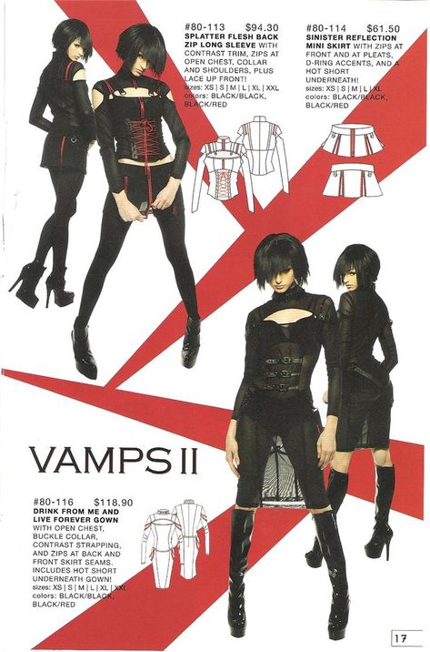 Lip Service goth magazine scan Summer 2008 1997 Clothing, Mall Goth Summer Outfits, Vkei Outfits Casual, 2000s Goth Aesthetic, 2000 Goth, Summer Punk Outfits, 90s Goth Catalog, Lip Service Clothing Catalog, Mall Goth 2000s