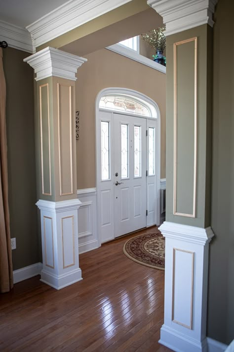 columns with full box trim Wall Box Trim, House Pillar Design, Interior Pillars, House Pillars, Box Trim, Molding Ideas, Cornice Design, Cottage Dining Rooms, New Ceiling Design