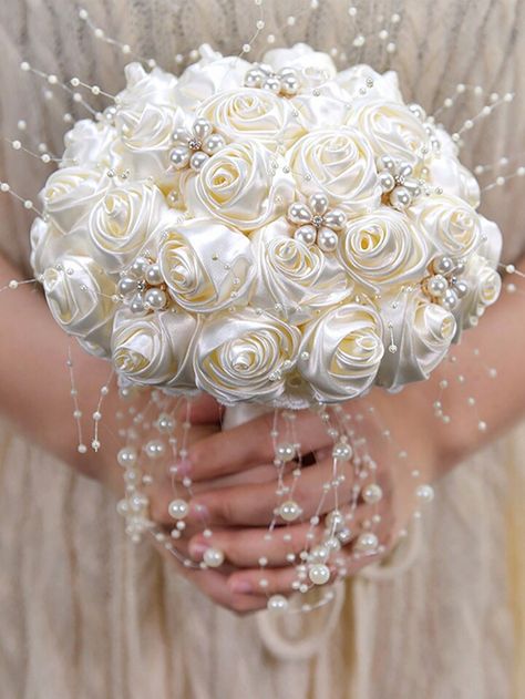 Pearls Wedding Theme, Bouquet For Bride, Simple Wedding Bouquets, Bridal Wedding Bouquet, Rose Bridal Bouquet, Artificial Flower Bouquet, White Wedding Bouquets, Satin Roses, Wedding Bridal Bouquets