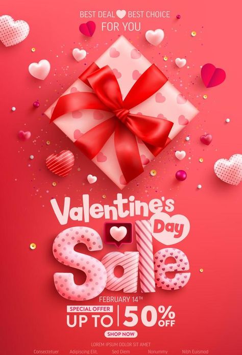 Valentine's Day Sale Poster or banner with cute gift box and sweet hearts on red background.Promotion and shopping template or background for Love and Valentine's day concept. Valentines Sale Poster, Valentines Day Offer Poster, Valentines Ads Design, Valentine Offer Poster, Valentine Design Background, Valentines Day Advertising Marketing, Valentine Graphic Design Poster, Valentines Day Sale Poster, Valentine Giveaway Ideas