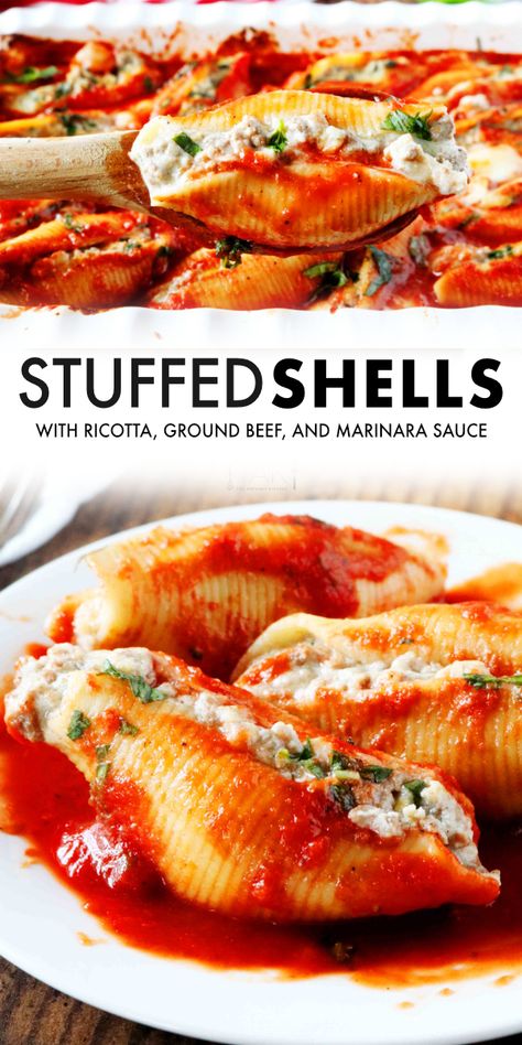 Stuffed Shells with ricotta cheese and ground beef are an easy weeknight dinner the entire family will love! Perfect for making Italian food at home. It’s baked in a casserole dish and is perfect for feeding a crowd or freezing for a freezer meal down the road! Ground Beef Stuffed Shells, Ground Beef And Spinach, Stuffed Shells With Meat, Stuffed Shells Ricotta, Jumbo Pasta Shells, Cheese Stuffed Shells, Ground Beef Recipes Healthy, Pasta Shells, Ground Beef Dishes