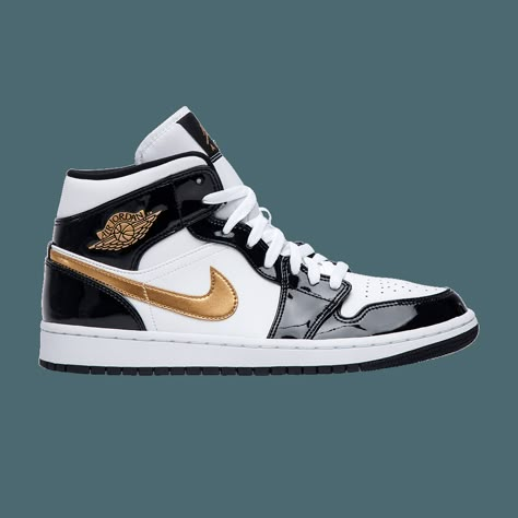 The Air Jordan 1 Mid Patent ‘Black Gold’ showcases familiar design ingredients from previously released Air Jordan 1s: namely, the patent leather and metallic gold accents. The former appears on the overlays that contrast a simple white leather base. The latter appears on the Swoosh and branding elements that adorn the shoe’s collar, tongue tag, and sockliner. Gold Jordans, Jordan 1 Gold, Black And Gold Jordans, Gold And White Outfit, Jordan 1 Patent, Reps Shoes, Gold Nike, Pretty Sneakers, Jordan 1 Black