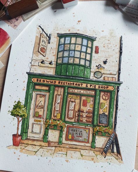 Una / watercolour artist (@inkypaperhouse) • Fotos y videos de Instagram Procreate Building Illustration, Watercolour Urban Sketch, Watercolor Buildings Architecture, Urban Watercolor Sketching, Watercolor Urban Sketching, Watercolor Illustration Ideas, Architecture Drawing Buildings, Watercolor Buildings Easy, Urban Painting Watercolor