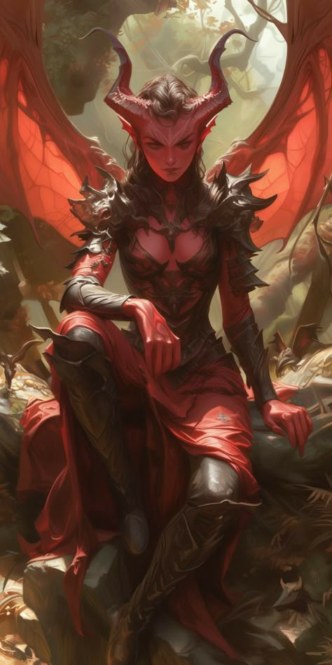 Dnd Cambion Art, Dnd Devil Art, Cambion Art Dnd, Tiefling Wings, Red Tiefling Female, Demon Woman Art, Dnd Devil, Winged Tiefling, Cambion Art