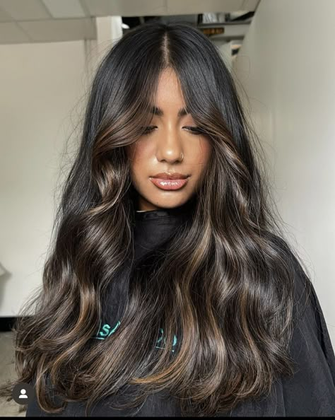 Subtle Highlights For Dark Hair Money Pieces, Caramel Money Piece On Black Hair, Black Caramel Hair, Subtle Money Pieces On Dark Hair, Black Brunette Balayage Hair, Black Hair With Partial Highlights, Partial Highlights For Dark Hair Black, Dark Hair With Money Piece Only, Partial Balayage