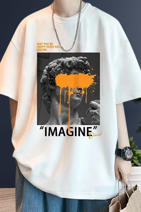 white shirt with a Greek sculpture print whose eyes is covered with yellow paint , the word "IMAGINE" is printed below the image Men Graphic Tees Street Style, White Shirt Design, Trendy T Shirt Designs, Men Graphic Tees, Street Apparel, Graphic Tees Men, Streetwear Tshirt Design, Streetwear Tees, Off White Clothing