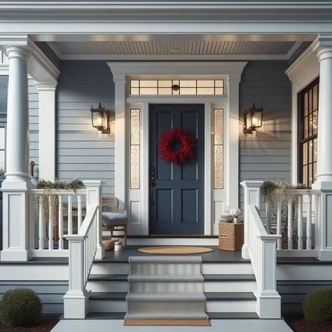 colorful front porch ideas - ScDecorum Front Porch Ideas Dark Gray House, Gray House Front Porch, Blue House With Front Porch, Front Porch Color Ideas Paint, Gray Porch Paint, Porch Color Ideas Paint, Front Porch Color Ideas, Front Porch Color Scheme, Front Porch Paint Ideas