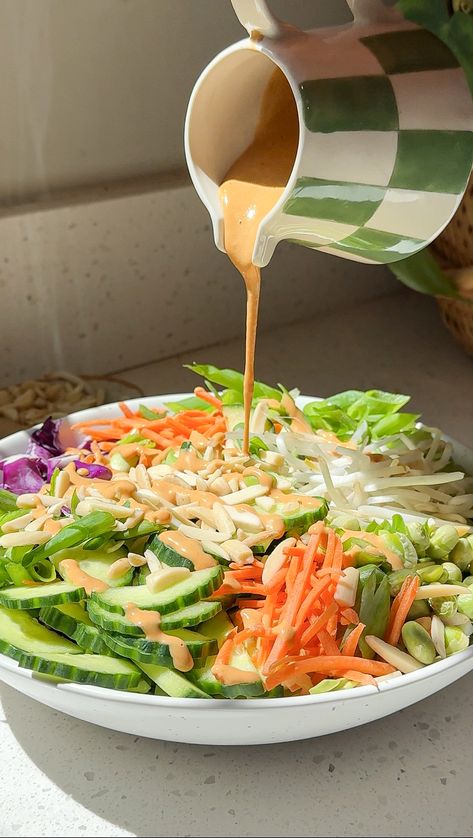 Thai Crunch salad with peanut dressing Creamy Asian Salad Dressing, Thai Crunch Salad With Peanut Dressing, Thai Salad Dressing Recipe, Thai Salad With Peanut Dressing, Potsticker Salad, Peanut Salad Dressing, Plant Based Lunch Ideas, Pad Thai Salad, Peanut Butter Dressing