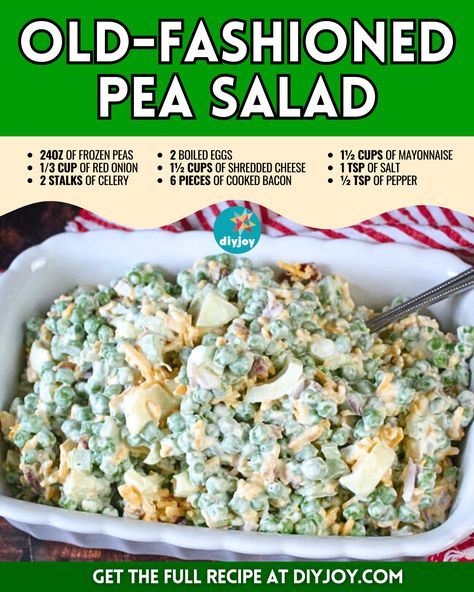 Easy Old-Fashioned Pea Salad Recipe Canned Peas, Vegetarian Meals Easy, Types Of Salads, Tahini Dressing Recipe, Bacon Chili, Vegetable Cooking, Pea Salad Recipes, Creamy Peas, Vegetable Salads