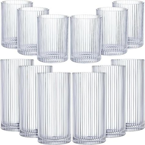 Drinking Glass Design, Ribbed Cups, Glass Sets Drinking, Aesthetic Glassware Set, Ribbed Glasses, Ribbed Water Glasses, Ribbed Cocktail Glasses, Ribbed Glass Drinkware, Ribbed Glassware