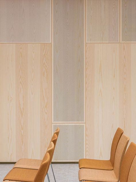 Acoustic Panels In a Modern Office Complex In Oslo - Gustafs Scandinavia Perforated Wall Panel, Wood Acoustic Wall, Perforated Acoustic Panels, Wood Veneer Wall Paneling, Different Types Of Wall Paneling, Perforated Wood Panel, Office Wood Wall, Wall Paneling Hallway, Paneling Hallway