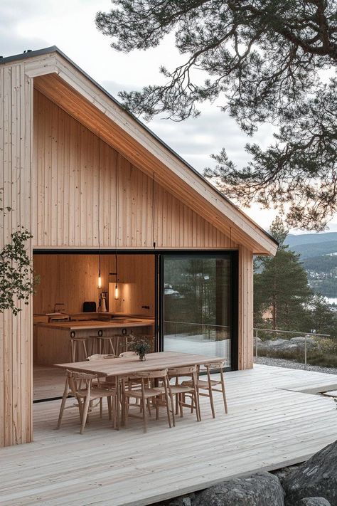 Modern prefab Scandinavian minimalist cabin in stunning Scandinavian mountains. Check out all of these cozy and innovative timber cabins to spark your imagination and elevate your rustic living dreams. Timber Houses Modern, Scandinavian Style Cabin, Modern Scandinavian Cabin, Scandinavian Log House, Mountain Cabin Modern, Scandinavian Barn House, Modern Scandinavian House, Scandinavian Cabins, Scandinavian Modern House