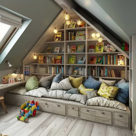 Small Attic Playroom Ideas, Vaulted Ceiling Paint Ideas, Loft Playroom Ideas, Attic Bonus Room Ideas, Attic Living Room Ideas, Attic Playroom Ideas, Bonus Room Playroom, Attic Design Ideas, Loft Playroom