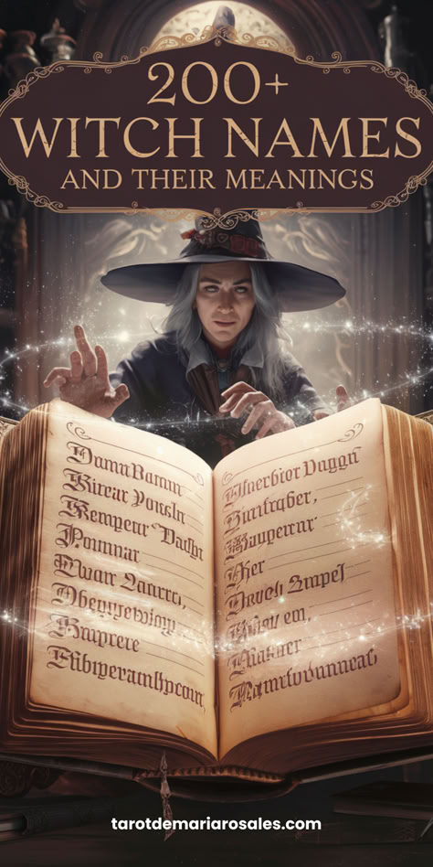 Dive into the enchanting world of witchcraft with this extensive list of over 200 witch names and their mystical meanings. Whether you're naming a character, exploring your own magical identity, or simply curious, these names carry powerful histories and enchanting tales. Perfect for witches, writers, and magic enthusiasts alike. 🧙‍♀️🔮 #WitchNames #MagicalMeanings #EnchantedNames Witch Names And Meanings, Magical Names For Characters, Witches Names, Witch Names Ideas, Magic Words List, Wiccan Names, Witchy Names, Witches Grimoire, Magician Names