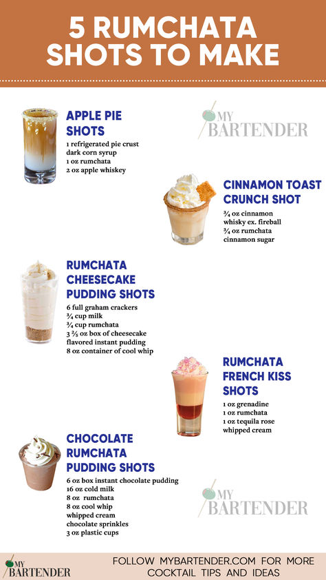 5 Rumchata Shots To Make Cinnamon Toast Shots, Rumchata Shots Recipes, Simple Shot Recipes, Breakfast Shots Alcohol, Rumchata Jello Shots, Rumchata Mixed Drinks, Rumchata Recipes Shots, Cinnamon Toast Crunch Shots, Shot Recipes Alcoholic