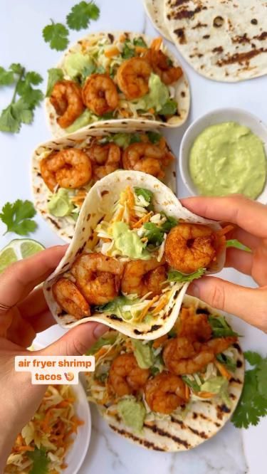 Air Fryer Shrimp Tacos, Air Fryer Shrimp, Fat Burning Recipes, Raw Shrimp, Avocado Crema, Healthy Weeknight Meals, Healthy High Protein Meals, Easy Meatloaf, Easy Healthy Meal Prep