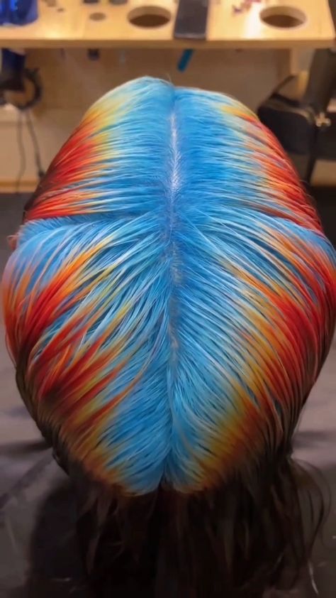 elevatehair on Instagram: Infrared roots by @hairfucker Hair: @mari_umi_ 💙🧡❤️ • • • • #processvideo #pridemonth #pride #wethair #vibranthair Pixel Hair Color, Rave Hair Color, Block Coloring Hair Techniques, Rainbow Roots Hair, Root Color Hair, Flame Hair Color, Sunset Hair Color Ombre, Fun Color Hair, Orange Blue Hair