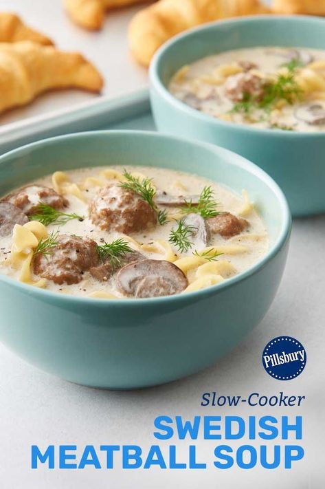 We took classic Swedish meatballs with pasta and turned it into a cozy slow-cooker soup that will keep you warm on the chilliest of days. Even better, the prep work for this soup is super easy, thanks to frozen meatballs. Meatball Soup With Frozen Meatballs, Swedish Meatball Soup Recipe, Swedish Meatball Soup, Slow Cooker Swedish Meatballs, Appetizer Wraps, Slow Cooker Ideas, Canned Soup, Soup Appetizers, Meatball Soup