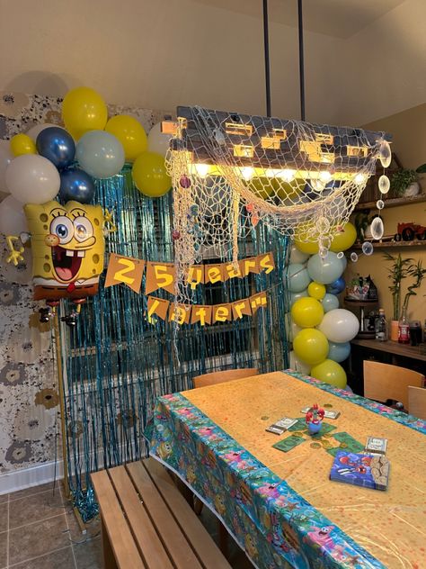 Spongebob Decorations Ideas, Spongebob Birthday Party Outside, Sponge Bob Birthday Party Ideas For Adults, Spongebob Birthday Party Centerpieces, What’s Funnier Spongebob Party, 25th Birthday Party Themes For Women, Spongebob Diy Party Decorations, 25 Years Later Spongebob Birthday, What’s Funnier Than 24 25 Birthday