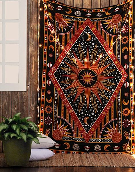 Sun Tapestry, Sun And Moon Mandala, Celestial Tapestry, Burning Sun, Hippie Bedding, Sun And Moon Tapestry, Mandala Tapestries Wall Hangings, Indian Tapestry, Moon Tapestry