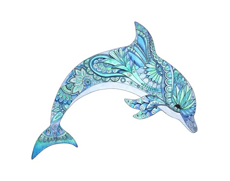 Fine art giclee print of an original Dolphin watercolor painting by Janine Cawthorne. Painted in shades of blue, aqua and green and inspired by mandala and zentangle design. #dolphinart #dolphinpainting #dolphin #zentangledolphin Dolphin Watercolor, Dolphin Drawing, Otter Art, Dolphin Painting, Zentangle Animals, Dolphins Tattoo, Dolphin Art, Zentangle Designs, A Dolphin