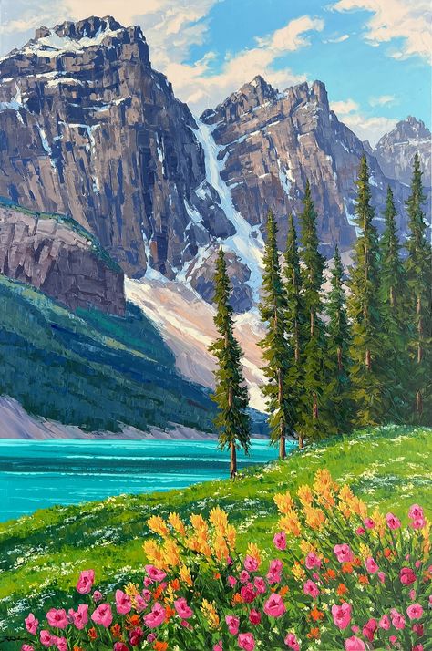 Realistic Mountain Painting, Peizaji Drawing, Scenic Drawings, Beautiful Landscape Drawing, Landscape Paintings Easy, Painting Of Nature, Paintings Nature, Painting Landscapes, Lake Garden