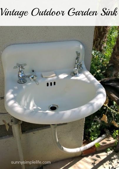 How we installed a vintage 1920s sink in our garden to create an outdoor garden sink for washing up hands and vegetables from the garden. We have always wanted a sink in the garden. With kids, pets, chickens and a vegetable garden we needed to have a place outside to wash up and not track dirt and germs indoors. We had an unused garden spigot and knew this would be the perfect spot. It sits next to hubby's barbecue which is handy too. I will share the simple plumbing required to ins… Outdoor Garden Sink, Outdoor Sink, Garden Sink, Old Sink, Potting Benches, Outdoor Sinks, Barbecue Area, Drinking Fountain, Vintage Outdoor