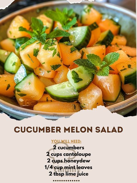 🍈🥒 A refreshing and juicy salad! #CucumberMelonSalad #JuicyBites 🍽️ Cucumber Melon Salad 🛒 Ingredients: 2 cucumbers, sliced 2 cups cantaloupe, diced 2 cups honeydew, diced 1/4 cup mint leaves, chopped 2 tbsp lime juice 2 tbsp honey 👩‍🍳 Instructions: Prepare Dressing: In a bowl, whisk lime juice and honey. Assemble Salad: In a large bowl, combine cucumber, cantaloupe, honeydew, and mint leaves. Toss & Serve: Drizzle dressing over salad and toss gently. ✨ Share the Juicy Goodness: Cucumber ... Cucumber Melon Salad, Melon Salad, Cucumber Melon, Fresh Salads, Salad Ingredients, Mint Leaves, Honeydew, May 11, Summer Salads