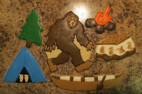 Camping cookies | . | Vicki | Flickr Bigfoot Birthday Party, Bigfoot Party, Royal Icing Ideas, Camping Cookies, Sugar Cookie Inspiration, Bigfoot Birthday, Cookies Love, Camp Party, Finding Bigfoot