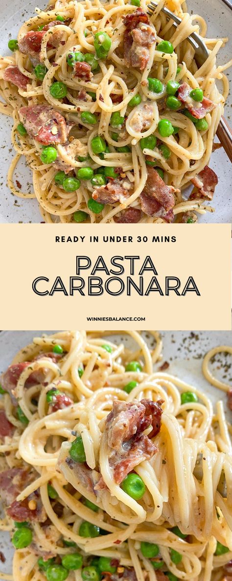 Pasta Carbonara - WINNIESBALANCE Recipe With Spaghetti Noodles, Cabonara Recipes, Recipes With Spaghetti Noodles, Best Carbonara Recipe, Carbonara Pasta Sauce, Pasta With Peas And Bacon, Carbonara Pasta Creamy, Chicken Carbonara Pasta, Bacon Peas