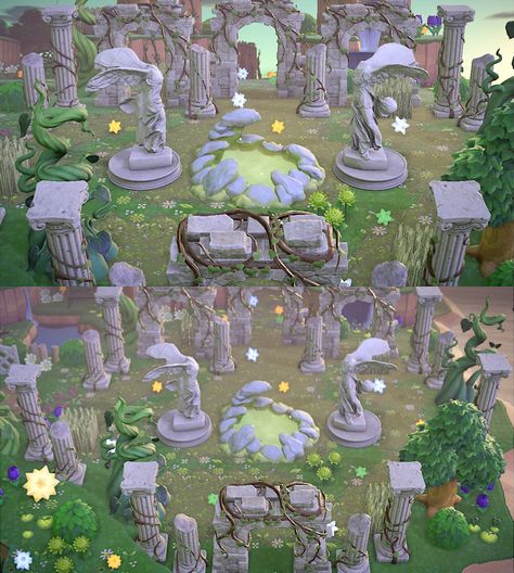 Acnh Back Island Ideas, Magic Acnh Island, Acnh Lotr Island, Acnh Entrance Inspiration Fairy, Acnh Witch Garden, Acnh Third Level Ideas, Acnh Museum Exterior Ruins, Acnh Statue Ideas, Fairy Core Museum Animal Crossing