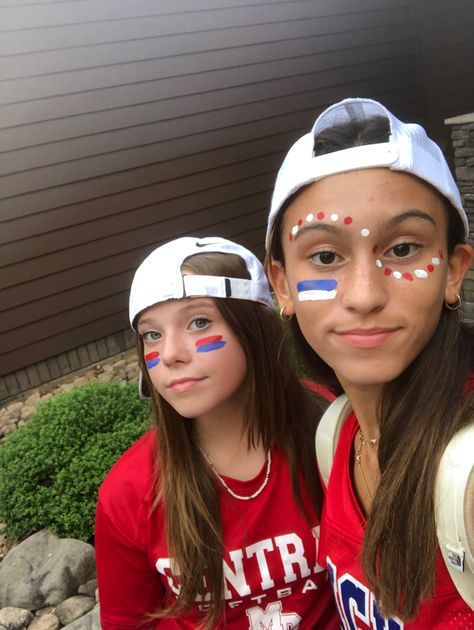 School Dots On Face, Spirit Dots Face Paint, Makeup Looks For Football Games, Red White And Blue Dots On Face, Face Paint For Volleyball Games, Face Painting For School Spirit Day, Field Day Makeup, Football Dots Face Paint, Face Paint For Football Games Dots