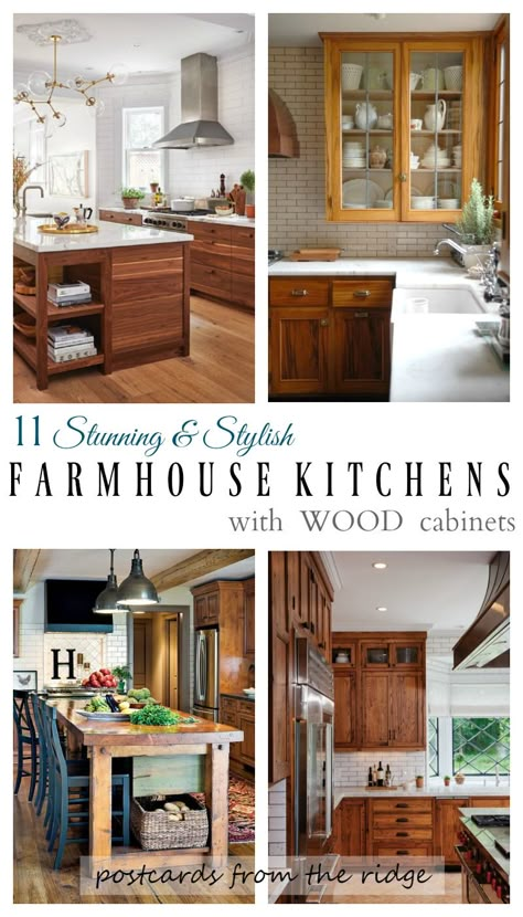 Such gorgeous kitchens and they all have wood cabinets. LOVE! Postcards from the Ridge Farmhouse Kitchen Wood Cabinets, Farmhouse Kitchen With Wood Cabinets, Dark Wood Kitchen Cabinets, Banquette Design, Dark Wood Kitchens, Dark Wood Cabinets, Oak Kitchen Cabinets, Kitchen Updates, Farmhouse Kitchen Cabinets