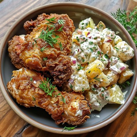 🍗🥔 Savor the summer with Buttermilk Fried Chicken and Summer Potato Salad! #FriedChicken #SummerSalads 🍽️ Buttermilk Fried Chicken with Summer Potato Salad 🛒 Ingredients: For Chicken: 1 kg chicken pieces 2 cups buttermilk 2 cups flour Spices (salt, pepper, paprika) For Potato Salad: 500 grams potatoes, boiled and diced 1/4 cup mayonnaise 1/4 cup mustard 1/2 onion, chopped Salt and pepper to taste Fresh herbs 👩‍🍳 Instructions: Marinate Chicken: Soak chicken in buttermilk overnight. Mix flo... Soul Food Dinner, Makanan Diet, Food Babe, Healthy Food Dishes, Yummy Comfort Food, Food Recepie, Photo Of The Day, Food Obsession, Interesting Food Recipes