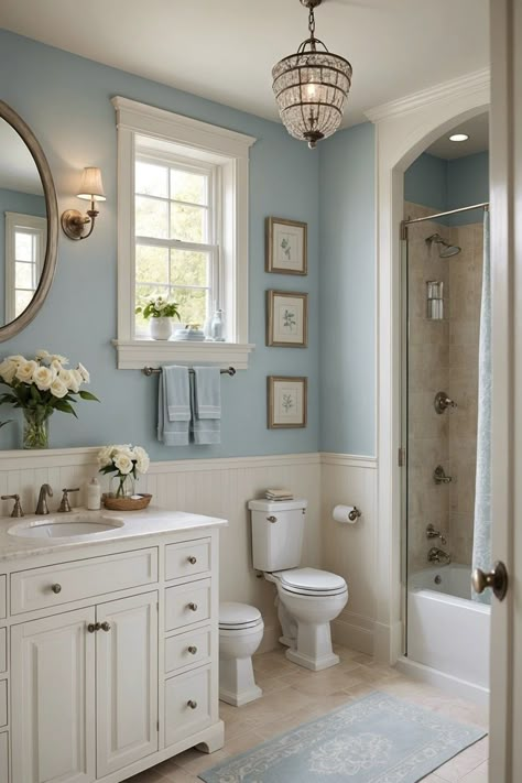 Bright Blue Bathroom Walls, Light Blue Half Bathroom, Light Blue Bathroom Decor Ideas, Beach Bathrooms Ideas, White And Light Blue Bathroom, Light Blue Bathroom Walls, Blue Cottage Bathroom, Suburban Bathroom, Small Blue Bathroom Ideas