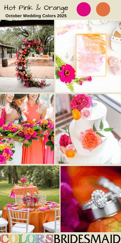 It explores the top 8 October wedding color combos trends for 2025, including classic fall wedding colors such as orange, burnt orange, navy blue, burgundy, plum and bright colors such as hot pink, pink, red etc. to give you more ideas and inspiration. Emerald Pink Orange Wedding, Pink Orange Yellow Blue Wedding, Magenta And Orange Wedding, Sunset Wedding Colors, October Wedding Colors, Classic Fall Wedding, Orange And Pink Wedding, Wedding Color Combinations, Fall Wedding Color Palette