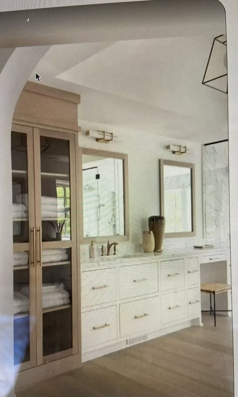 Guest Bathroom With Linen Closet, Bathroom Vanity With Storage Cabinet, Bathroom Cabinets With Center Tower, Master Vanity With Tower, Bathroom Vanity With Linen Tower, Vanity With Linen Cabinet, Bathroom Vanity With Tower, Bathroom 2025, Monterey House