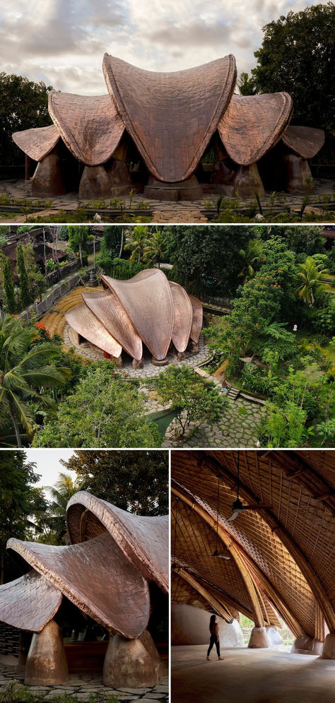 The Lumi Shala is a #wellness space at the Alchemy Yoga Center in #Bali. Featuring natural materials with artisanal and innovative systems, its form facilitates balance. Encircled by earthen walls that offer support for #yoga practices, it has a comforting sense of enclosure. #ArchitectureProjects #ArchitecturalDesign #OrganicArchitecture #ModernArchitecture #ArchitecturalInspiration #ArchitecturalPhotography Natural Materials Architecture, Nature Based Architecture, Modern Nature Aesthetic, Biomicry Architecture, Water Front Design, Organic Plans Architecture, Organic Form Architecture, Wellness Center Architecture, Nature In Architecture