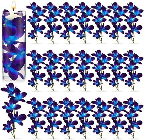 Blue Orchid Centerpieces, Orchid Centerpieces Wedding, Blue Orchid Wedding, Purple Wedding Tables, Wedding Table Toppers, Blue Orchid Flower, Blue Purple Wedding, Purple Wedding Centerpieces, Floating Candles Wedding