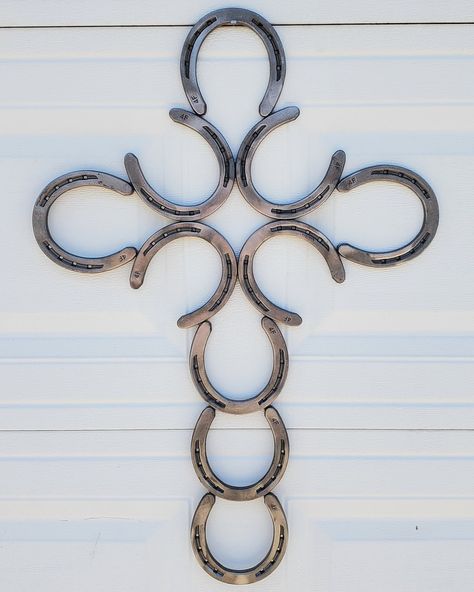 Now available at https://virgoendeavors.etsy.com More Items coming soon. Projects With Horseshoes, Horseshoe Cross Ideas, Welding Crafts Projects, Diy Horseshoe Crafts, Small Welding Projects To Sell, Horseshoe Welding Ideas, Welded Gifts, Welded Crafts, Small Metal Projects