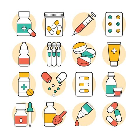 Flat Medicine Icons Medicine Images, Medicine Illustration, Sketchbook App, Doctor Stickers, Health Icon, Creative School Project Ideas, Bottle Drawing, Cabinet Medical, Small Business Gifts