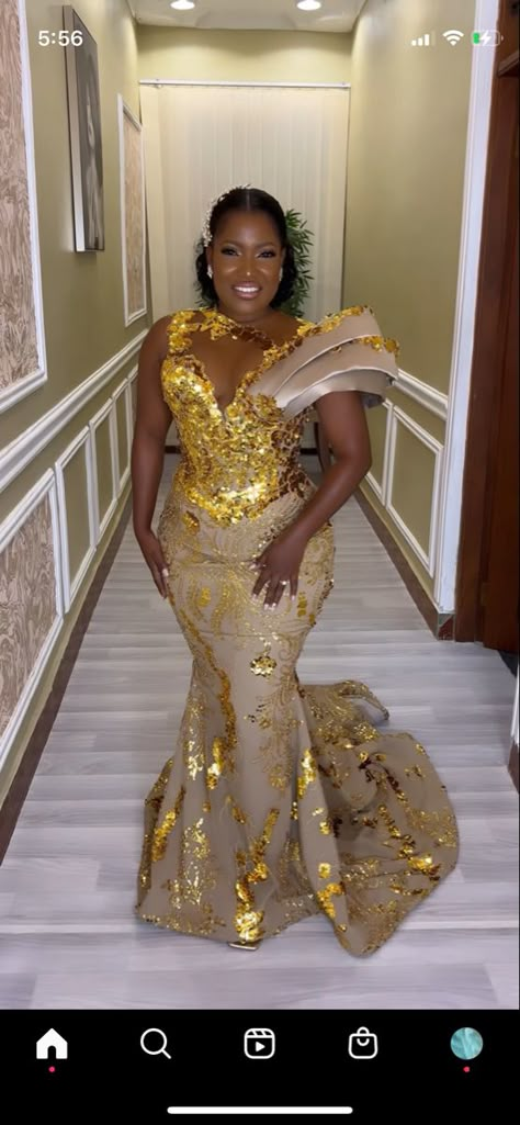 Gold Mermaid Prom Dresses, Nigerian Lace Styles Dress, African Wedding Attire, Nigerian Lace Styles, African Bride, African Prom Dresses, Gold Mermaid, Styles Dress, Lace Gown Styles