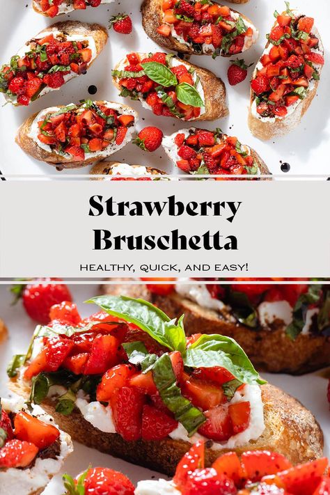 Strawberry Bruschetta Fruit Bruschetta, Strawberry Appetizers, Salmon Pesto Pasta, Strawberry Bruschetta, Pesto Tortellini Salad, Summer Dinner Parties, Boat Snacks, Bruschetta Appetizer, Toasted Baguette