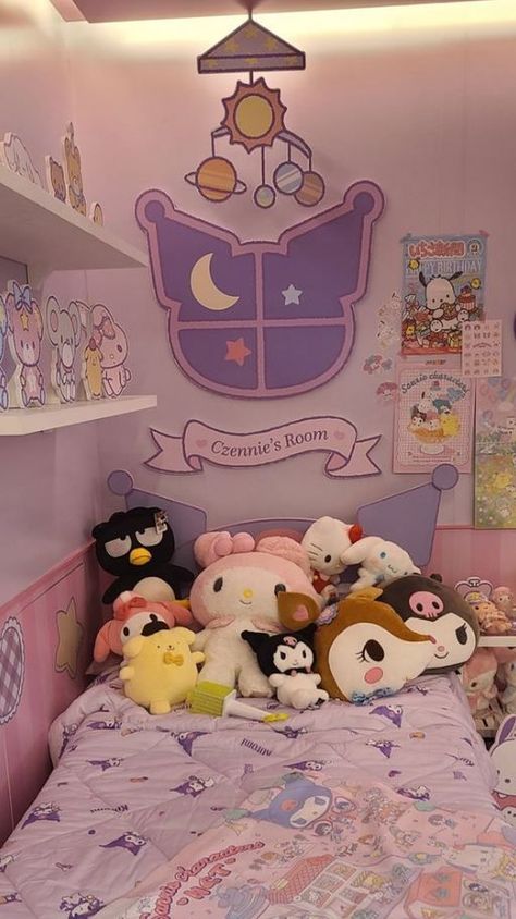 Kuromi room decor ideas: kuromi room decor diy kuromi room design kuromi room decor aesthetic kuromi room toca boca kuromi room drawing kuromi room wallpaper #kuromiroom Kuromi Inspired Room, Kuromi Aesthetic Room Decor, Kuromi Room Decor Diy, Aesthetic Sanrio Room, Diy Sanrio Room Decor, Cute Sanrio Room Ideas, Hello Kitty Themed Bedroom, Sanrio Diy Decor, Sanrio Themed Bedroom