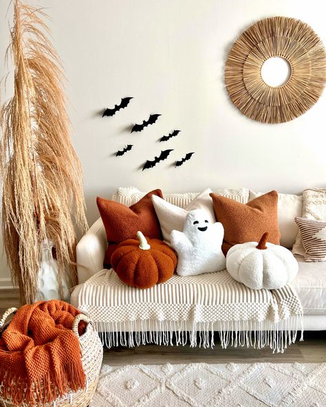 Fall decor, fall decorating, halloween decor, halloween decorations, ghost pillows, jumbo pumpkin pillows, faux fur teddy pillows, burnt orange throw blanket, burnt orange pillows, ghost decor, pumpkin decor, halloween decorating ideas, cozy throw blanket, sherpa pillow cover, ghost decorations, pumpkin decorations Halloween Pillows On Couch, Cozy Halloween Living Room, Halloween Couch Decor, Halloween Party Living Room, Sherpa Pillow, Living Room Halloween, Halloween Living Room Decor, Fall Apartment Decor, Spooky Halloween Gifts