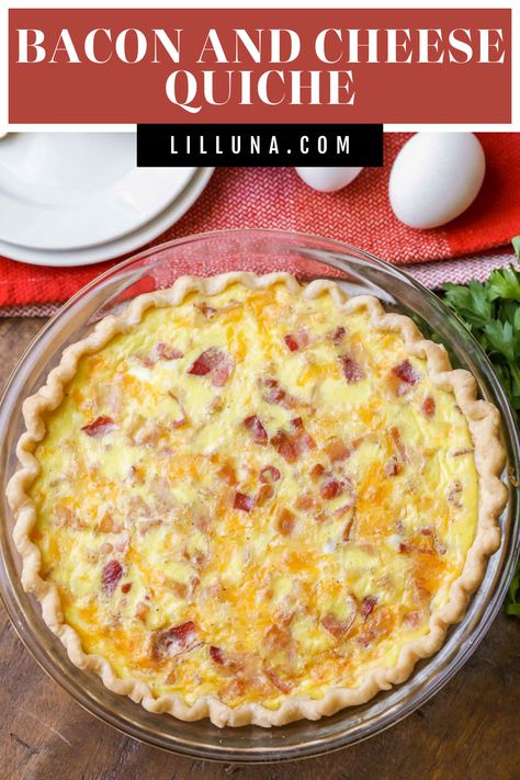 Bacon and Cheese Quiche is the perfect hot breakfast to share with a crowd. It's filling, savory, and full of delicious flavors. #quiche #quicherecipes #breakfastquiche #breakfast #baconandcheese Canadian Bacon Quiche, Make Ahead Quiche Recipes Night, Bacon Gouda Quiche, Make Ahead Quiche Recipes, Dinner For Work, Bacon Cheddar Quiche, Breakfast Quiche Recipe, Bacon Quiche Recipe, Bacon And Cheese Quiche