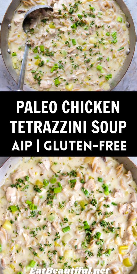 Paleo Chicken Tetrazzini Soup is a fabulous dairy-free soup with pasta and a creamy base. Also Gluten-free and AIP, with dairy, Low Carb and Whole30 options. Aip Curry Recipes, Dairy Free Gluten Free Soup Recipes, Dairy Free Soup Recipes, Aip Soup, Soup Dairy Free, Aip Chicken, Soup With Pasta, Aip Diet Recipes, Aip Meals