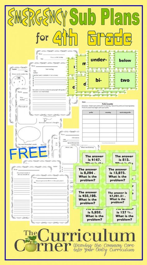 Emergency Sub Plans for 4th Grade FREE from The Curriculum Corner | prefixes, suffixes, math, factors, writing, graphic organizers, common core aligned 4th Grade Substitute Activities, Easy Substitute Teacher Activities, Classroom Management Elementary Substitute, Substitute Lesson Plan Template, Sub Plans First Grade, Special Education Science, Substitute Plans, Substitute Teaching, Makeup Tricks