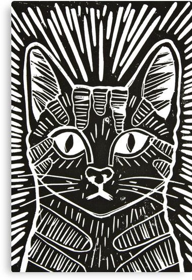 Cat Portrait Lino Print" Canvas Prints by Adam Regester | Redbubble                                                                                                                                                                                 More Linocut Portrait, Cat Linocut, Linoleum Print, Linocut Printmaking, Lino Art, Relief Printing, Linocut Art, Cat Portrait, Cat Portraits